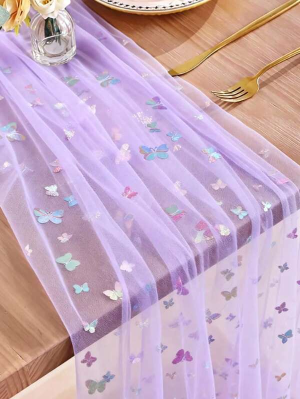 1Pc Purple Butterfly Organza Table Runner,Laser Butterfly Table Cover,75*180cm Mesh Gauze Silvery Stamping Butterfly Tablecloth,Butterfly Theme Birthday Party Supplies,Butterfly Party Decorations,Gender Reveal Party Decor,Wedding Accessories,Bridal Shower Favors,Babyshower Decorations,Engagement Banquet Decor,Kitchen Decor,Spring Decorations