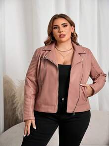 Women's Plus Size Street - Style Faux Leather Moto Jacket - Short PU Coat With Lining & Pockets, Casual Edgy Urban Wear Spring - Hồng - Xem 3