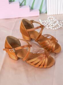 Zapatos de baile latino de tacón bajo para niñas, zapatos de baile de tango salsa de punta abierta antideslizantes, perfectos para actuaciones - Óxido marrón - Ver 4