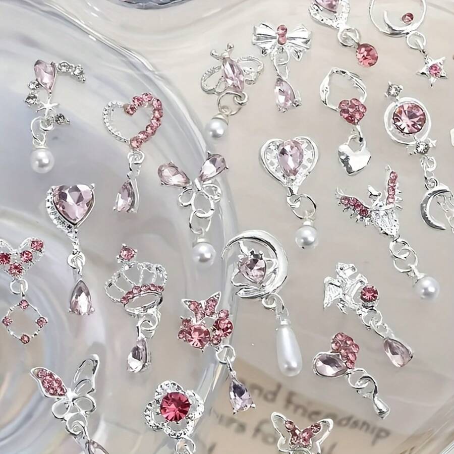 10 Pieces Luxury Tassel Rhinestone Nail Art Accessories - Heart Bow, Butterfly, Pentagram, Snake Shape, And Embracing Hearts 3D Alloy Gems, Suitable For DIY Nail Decoration, Nail Supplies, Gifts - 金色 - 查看 1
