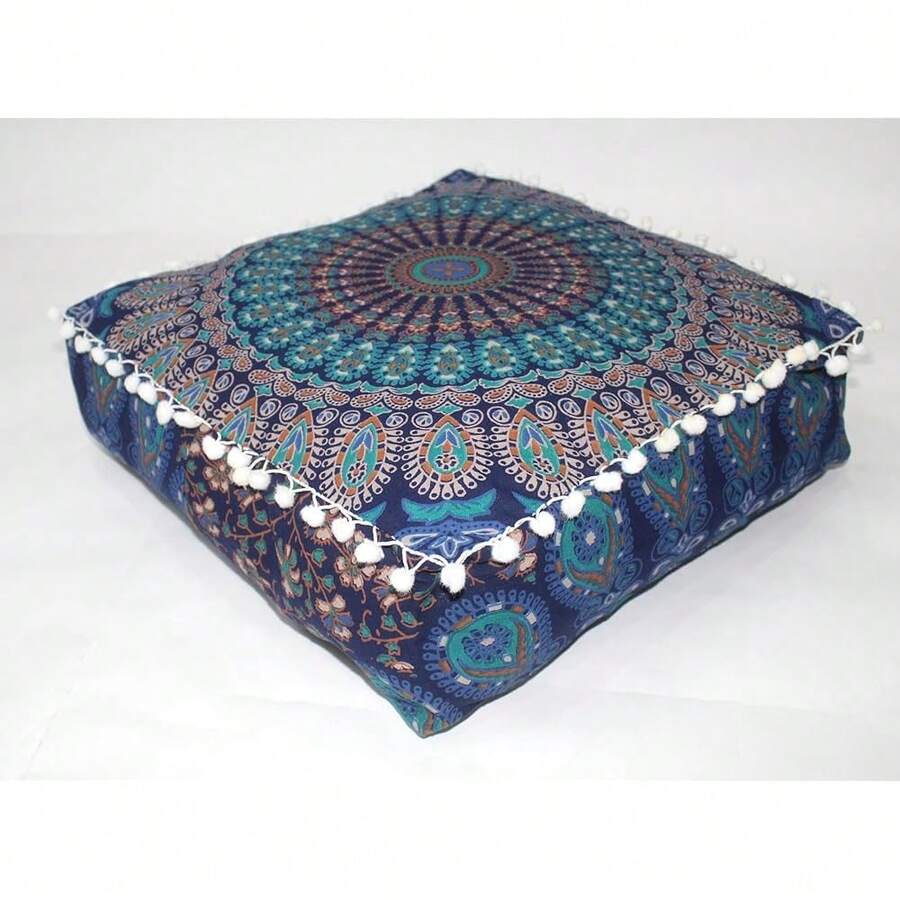 CRAFT CASTLE Mandala Mandala Barmeri Large Floor Pillow Cover Cushion Meditation Seating Ottoman Throw Cover Hippie Decorative Zipped Bohemian Pouf Ottoman Cases (Blue, 16\ Square) - 藍色 - 查看 1