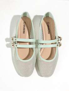 ADAMUMU New Women Ballet Mesh Shoes, Black And Apricot, Round Toe Flats, Solid Color Breathable Casual Flat Shoes, Fashionable And Comfortable - Màu xanh nhạt - Xem 3