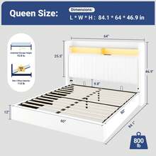 Allewie Full/Queen/King Size Lift Up Hydraulic Storage Bed Frame, 2-Tier Shelf Headboard With LED Lights And Charging Station, USB And Type C Ports, Wingback Velvet Headboard, No Box Spring Needed, White - 查看 9