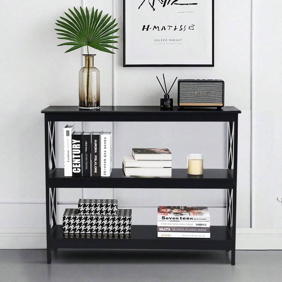COSTWAY Industrial 3-Tier Console Table, Rustic Sofa Side Table With Storage Shelf, X-Design Bookshelf Narrow Accent Table For Entryway Hallway Living Room, Black/White - Black - View 1