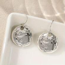 1 Pair Simple & Fashionable Small Round Pendant Earrings, Cross Carved Earrings, And Daily Commemorative Jewelry - Antique Silver - View 4