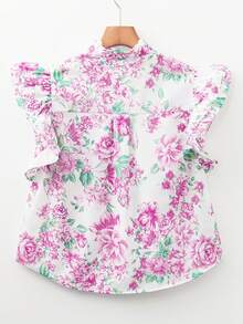 女士印花双层荷叶边袖口纽扣衬衫，适合度假/休闲/工作场合，荷叶边袖子设计