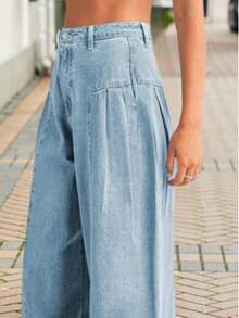 Women's Outdoor Loose-Fitting High-Waisted Wide-Leg Pants, Loose Boyfriend Style Wide-Leg Pants With Side Pleats. - Màu xanh lam - Xem 3