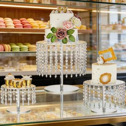 Soporte para tarta de acrílico premium con borlas de cristal, adecuado para fiestas festivas, mesas de postres, bodas, aniversarios, baby showers, San Valentín y talla grande