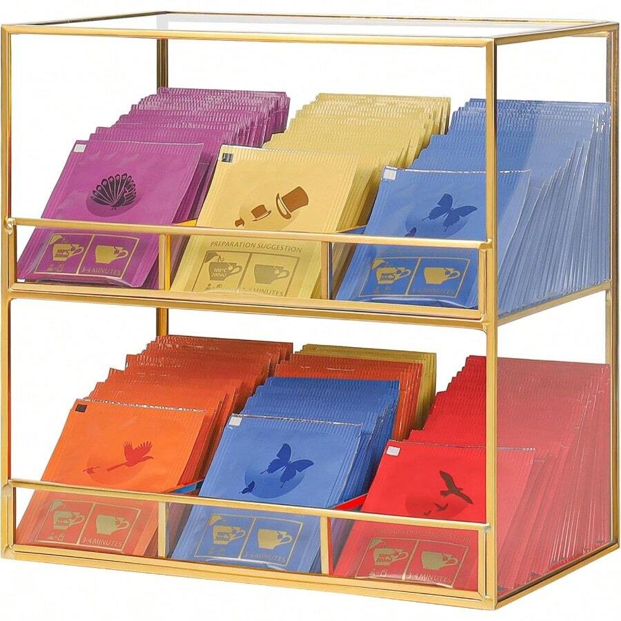 Glass Tea Bag Organizer For Counter 2-Tier Teabag Organizer Storage Holder For Tea Bags Glass Caddy Box Containers Rack Teabag Station Stand For Cabinet Kitchen 2-Tier Gold - Gold - View 1