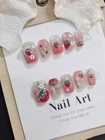 Monina 10 st handgjorda söta jordgubbsblommor lösnaglar, gradient skimrande kattögonpärlor i glas, elegant mångsidig charmig nagelkonst, lämplig för daglig och nyårsmanikyr
