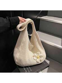 One Shoulder Woven Bag, New Vacation Casual Beach Bag, Crochet Woven Tote Handbag, Back To School Student Project Bag, Valentine's Day, Valentine Gift - Màu be - Xem 2