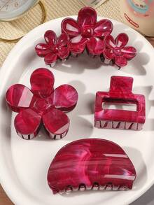 4个波西米亚风大理石渐变花朵发爪夹，ABS材质，适合海滩、度假、新年等场合，红色发饰，女士发夹，时尚发饰，休闲发夹，夏季发饰 - 4件套-大理石酒紅 - 查看 1