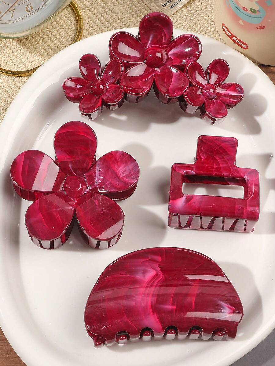 4个波西米亚风大理石渐变花朵发爪夹，ABS材质，适合海滩、度假、新年等场合，红色发饰，女士发夹，时尚发饰，休闲发夹，夏季发饰 - 4件套-大理石酒紅 - 查看 1