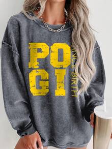 Valentine Outfits For Women, POGI Since Birth Graphic Print, Casual Crew Neck Sweatshirt, Cozy Streetwear,  Everyday Style,Essentials Hoodie,Summer Outfits For Women,Spring Tops - 深灰色 - 查看 7