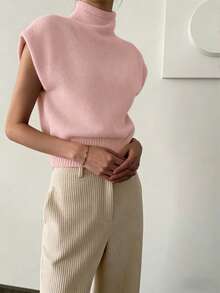 Plus Size Versatile Minimalist Spring/Summer New Casual Fashion Pink High Neck Sleeveless Sweater, Fashionable And Versatile, Suitable For Brunch Outfit - Pink - View 8