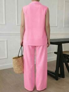 A&DD MODA, REF: AS1923 - Women's Set Consisting Of A Sleeveless Blouse And Pants. The Blouse Has A High V-Neck And Pockets; The Pants Have A Straight Cut, Elastic Waistband And Pockets, Ideal For Everyday Wear, With A Very Casual Style. - 粉色 - 查看 2