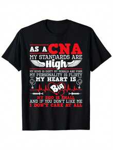 Como CNA mis estándares son altos Camiseta divertida para asistente de enfermería - Negro con diseño gráfico rojo y blanco, manga corta, cuello redondo, impresión de transferencia de calor, perfecta para hombres, entrenamiento y ropa casual, camiseta de enfermería - Negro - Ver 6
