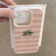 1 pieza Funda de teléfono con material TPU, fresca y suave, con diseño de árbol de coco a rayas en color rosa, compatible con iPhone 17 Pro Max/17/16 Pro Max/15/13/12/11, S20 FE/A15/S24/A55, Redmi Note 11/12/13 Pro, cobertura completa y protección suave anti-caídas - Blanco - Ver 3