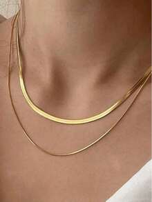 Simple Stainless Steel Gold Herringbone Chain Necklaces For Women, Stackable Flat Snake Chain Choker, Non Tarnish, Minimalist Style Fashion Jewelry Set Perfect For Daily Wear Valentine's Day, Thanksgiving, Christmas Gifts - Vàng - Xem 6