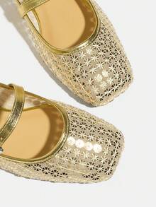 Plus Size Hollow Mesh Shoes, 2026 New Summer Sequin Glitter Strap Buckle Fashion Party & Daily Wear Gold Square Toe Flat Mary Jane Shoes