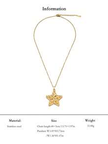 1 pieza Elegante collar con colgante de flor 3D, estrella martillada, lazo en forma de corazón, de acero inoxidable chapado en oro de 18K, cadena de clavícula hipoalergénica, adecuado para el uso diario de las mujeres, versátil y regalo para días festivos - Dorado - Ver 13