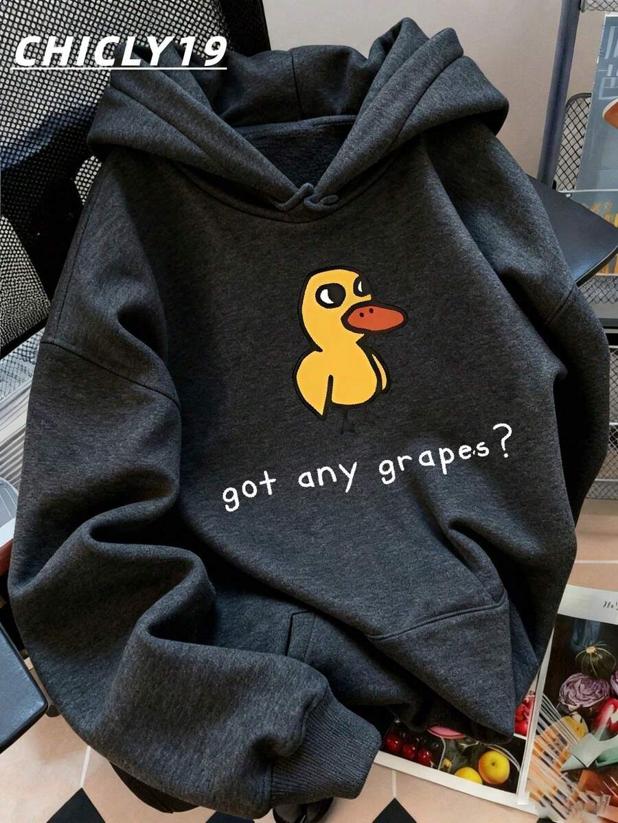 CHICLY19 Unisex Oversized "Got Any Grapes?" Duck Graphic Hoodie - Black Long Sleeve Pullover With Funny Yellow Duck Print & Playful Text. Loose Fit Cozy Sweatshirt, Soft Fabric, Kangaroo Pocket, All-Season Casual Streetwear For Daily Wear, Hangouts, School & Loungewear. Popular Humorous-Inspired Hooded Top For Teens & Young Adults. - 深灰色 - 查看 1