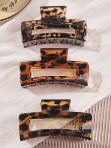 3Pcs Leopard Print Oversized Square Hair Claw Clips, Transparent Amber Tortoiseshell Jaw Clips, Elegant Nonslip Hair Accessories For Women Thick Hair - 3-piece Set - Leopard Print Square - View 2