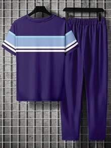 Men's Contrast Color Striped Print Sporty Round Neck Short Sleeve Top And Pants Set - Multicolor - View 2