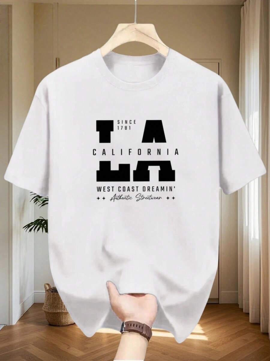 Camiseta de Manga Corta con Estampado de Patrón de Los Ángeles - Tela Transpirable, Actividades al Aire Libre de Verano, Estilo Regular, Camiseta Casual, Lavable a Máquina, Moda de Calle, Diseño Audaz, Material Cómodo, Camiseta Impresa, Entusiastas del Estilo de Calle, Una Pieza de Poliéster 180g - Blanco - Ver 1