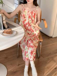 Women's Floral Print Sleeveless Nightgown, Contrast Color Cute Cartoon Casual Nightdress, Suitable For Spring And Summer - Pink - View 6