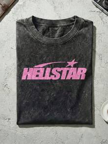 Pink Shooting Star Logo Graphic Tee Unisex Couple Matching Boyfriend Style Hell Star Double Sided Print Y2K Grunge Flame Face Acid Washed Cotton Graphic Tees Men Oversized T Shirt Summer Outfits Camisetas Para Hombre - Black - View 3