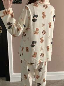 2pcs Dog Print Button-Up Cardigan Pajama Set For Women, Long Sleeve & Long Pants - Apricot - View 2