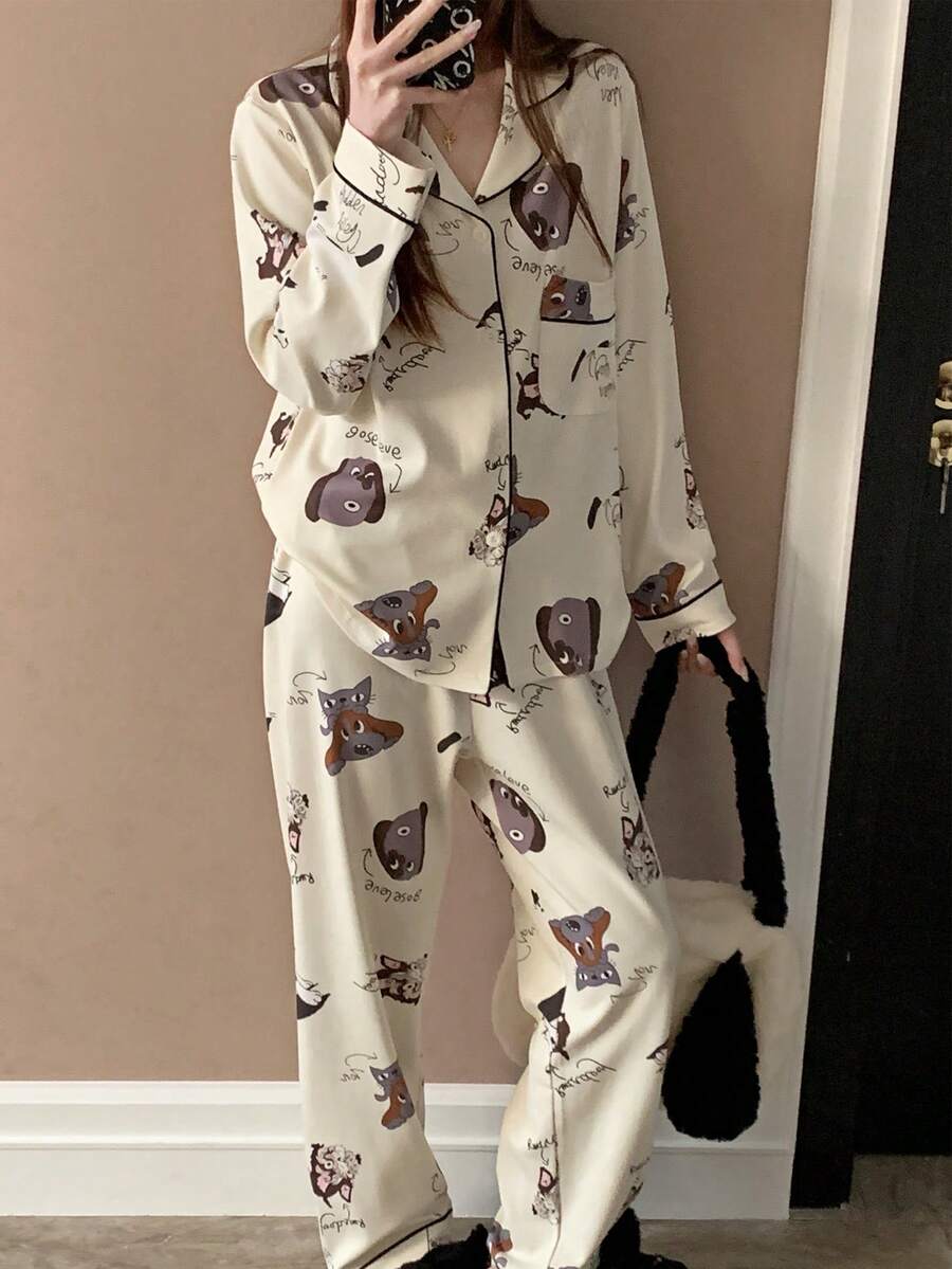 2pcs/Set Women Casual Lapel Button Pajamas, Cute Printed Sleepwear For Spring & Summer