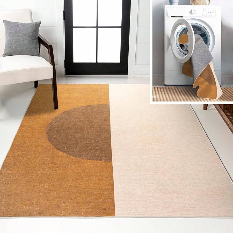 Machine Washable Cream/Moss Indoor Area Rug 9X12 Ft, Minimalist Geometric For Living Room, Bedroom, Kitchen, Office, Easy-Cleaning, High Traffic, Pet-Friendly, Non-Shedding,  Home Decor - 奶油色/赤陶色 - 查看 1