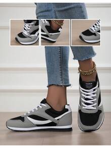 Women's Wide Fit Sneakers, Retro Round Toe Lace-Up Comfortable Running Shoes, Soft Sole Design, Suitable For Casual And Sports, Breathable Versatile, Solid Color, Wide Fit Shoes For Summer - Black - View 6