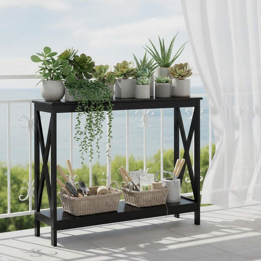 COSTWAY Industrial 2-Tier Console Table, Rustic Sofa Side Table With Storage Shelf, X-Design Bookshelf Narrow Accent Table For Entryway Hallway Living Room, Black - Black - View 1