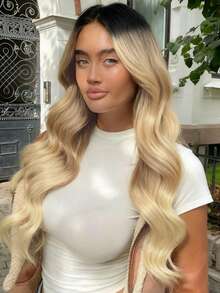 24 Inch Ombre Brown To Gold Lace Front Wig, Dark Roots, Long Wavy Curly Synthetic Lace Front Wig With Pre-Plucked Natural Hairline, Heat Resistant Fiber, Suitable For Daily Wear, Women - Blonde Ombre - View 2