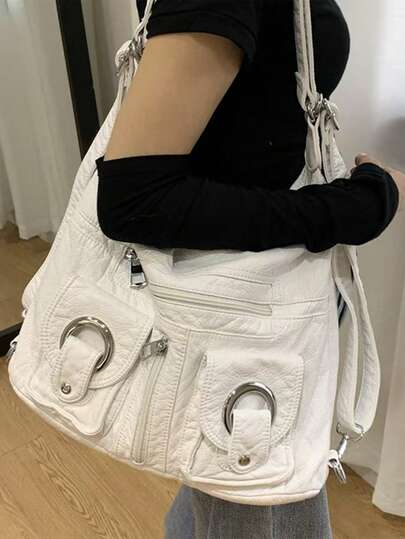 1pc Retro Minimalist Solid Color Shoulder Bag, Large Capacity Multi-Pocket College Style Underarm Bag, Casual Minimalist Commuter Tote Bag, Y2K Chic Multifunctional Backpack, Casual Fashion Versatile For Daily Commute, Work, Business Trip, College, Travel, Etc.