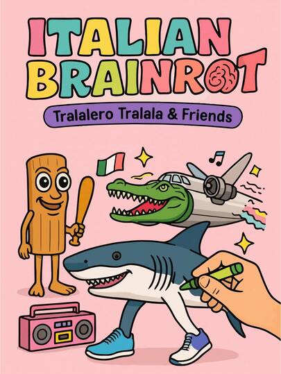 40页 - 270克纸，一本充满可爱和想象力的涂色书，风格独特而温馨，包含鲨鱼和飞机图案，蓝棕色调，以及轻松的涂鸦，适合作为文具和学习用品，是送给女孩、婚礼和母亲节的完美礼物。