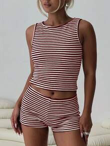 GAOVOT Women's Casual Striped Sleeveless Tank Top And Shorts 2 Piece Set, Slim Fit For Commuting And Outdoor Wear, Summer - màu nâu - Xem 7