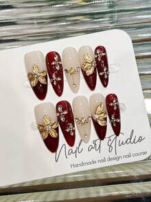 10片手工美甲片，椭圆杏仁形，亚克力按压式美甲，中长款，柔和红色，法式美甲，手绘3D雕刻花朵浮雕，镶嵌小水钻，新年礼物，前卫优雅简约的春季美甲，冬季假指甲，节日美甲，派对日常及约会适用，海滩热带度假风，DIY美甲，适合女性和女孩作为礼物，美甲用品，手工按压式美甲 - 紅色 - 查看 3