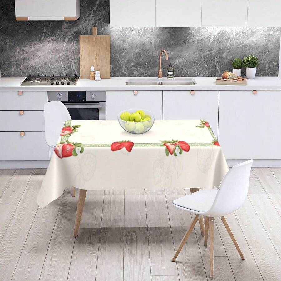 1 pieza Mantel rectangular decorativo de poliéster con tema de fresa, lavable a máquina, adecuado para fiestas festivas, citas, picnics, cafés, hogar, exteriores, restaurantes