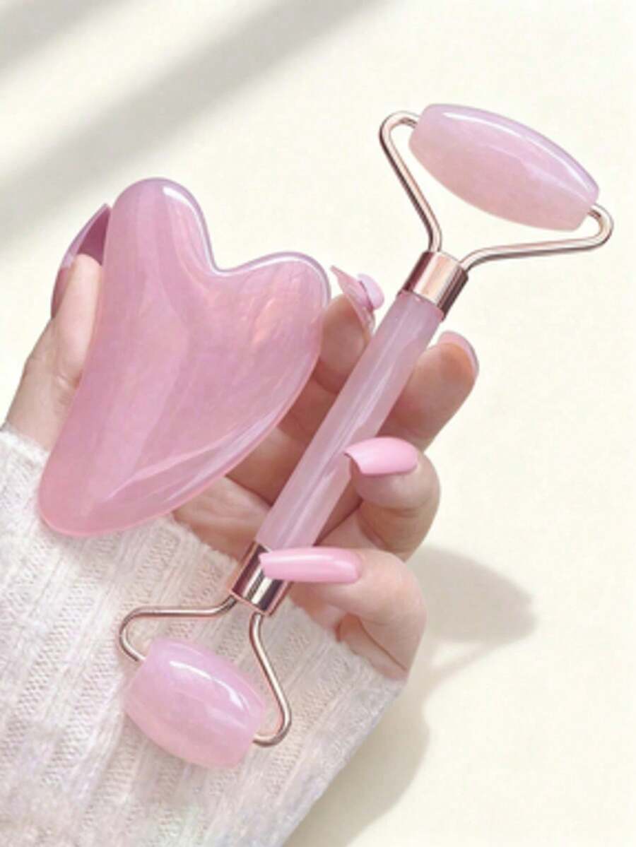 1pc Healing Crystal Beauty Set - Features Rose Quartz Roller, Amethyst & Pink Jade Gua Sha Hearts. Premium Facial Care Collection - Hồng - Xem 1