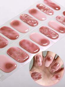 1片情人节半固化凝胶美甲贴，粉色渐变爱心闪粉UV凝胶美甲贴纸，适合女性约会、派对和居家DIY。 - 粉色 - 查看 2