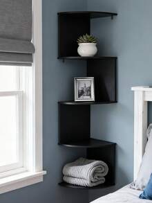 一套两层/五层黑色悬浮式转角壁架，现代错落式设计，适合墙角空间，可放置装饰品和植物，适用于客厅/卧室墙角装饰 - 黑色 - 查看 3