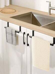 1pc/2pcs Stainless Steel Towel Rack, Over The Door Towel Hanger, Kitchen Accessories, Home Organization, No Drilling Cabinet Cloth Hanging Rack, Single Bar Kitchen Towel Holder, Kitchen Accessories, Kitchen Storage, Kitchen Accessories Home - Multicolor - View 2