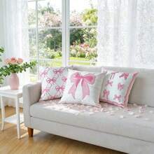 1pc Bow Embroidered Decorative Pillow Cover, Ins Style Living Room Sofa Cushion Cover With Bow Embroidery And Printed Design, Dual Craftsmanship Pillow Sham For Window Seat, Headboard, Valentine's Day, Wedding, Without Insert - Multicolor - View 3