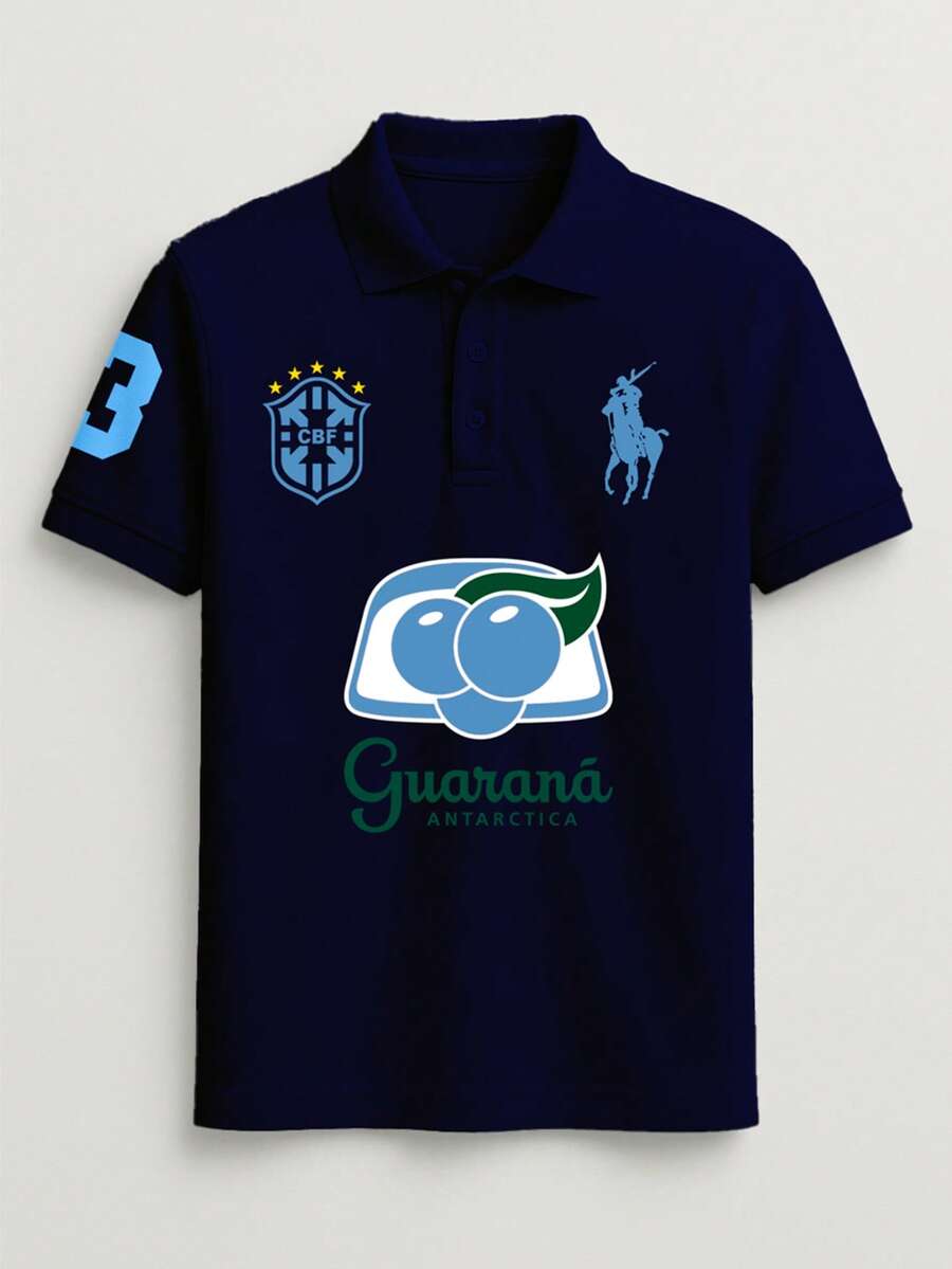 Light Pink Piqué Polo Shirt, Brazil Streetwear Crisp - 藏蓝色 - 查看 1