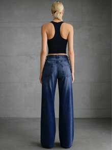 Ladies' Slim Fit Wide Leg Jeans (Dark Washed - High Waist Loose Straight Leg), Versatile For Daily Wear, Suitable For Family, Leisure, And Outdoor Activities, Suitable For Slimming Cuts From Teenagers To Adults, Simple Minimalist Design, Comfortable Full-Length Denim Pants.PLEASE ORDER ONE SIZE UP. - Giặt tối - Xem 2