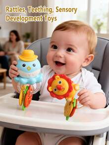 Infant Teething Rattle Toy, Early Education Toy, Helps Develop Baby's Hand-Eye Coordination, Cute Cartoon Pattern Design With Lion, Elephant And Octopus, Ideal Gift For Newborns - Multicolor - View 5